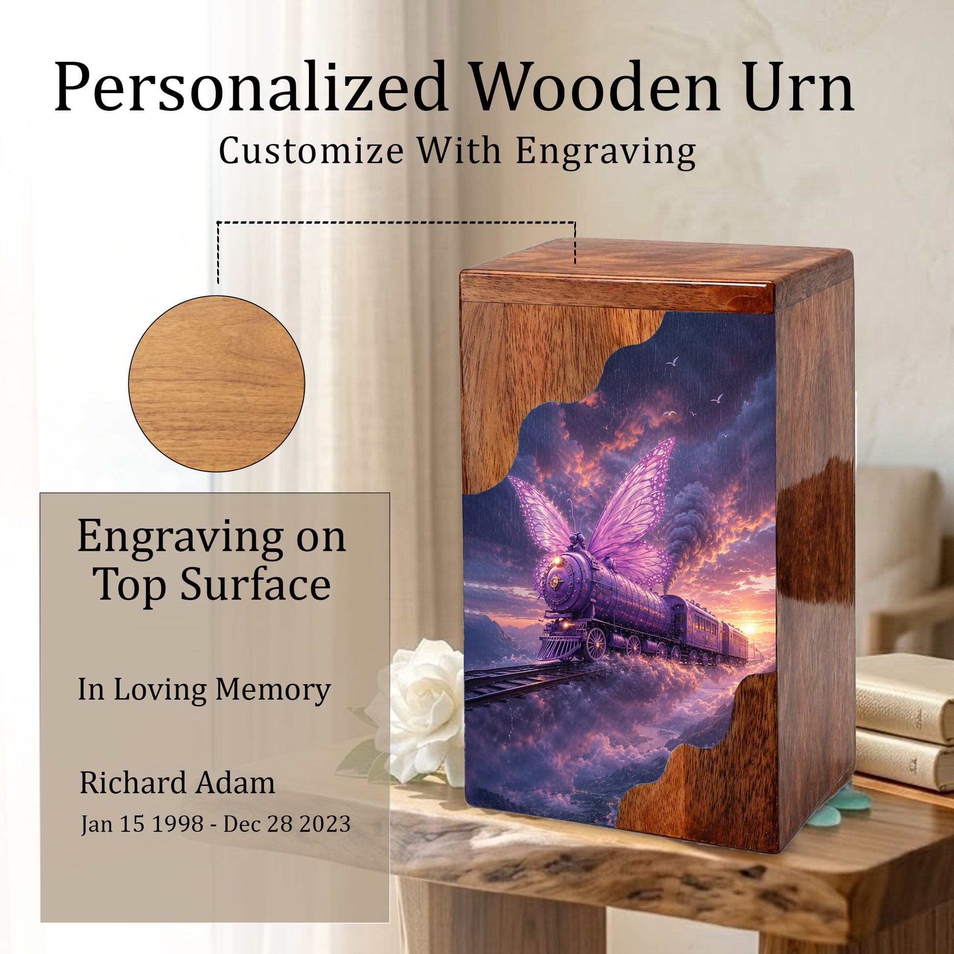 Butterfly Train Wooden Cremation Urn for Human Ashes