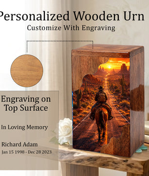 Cowboy Wooden Cremation Urn – Western Memorial Urn for Human Ashes