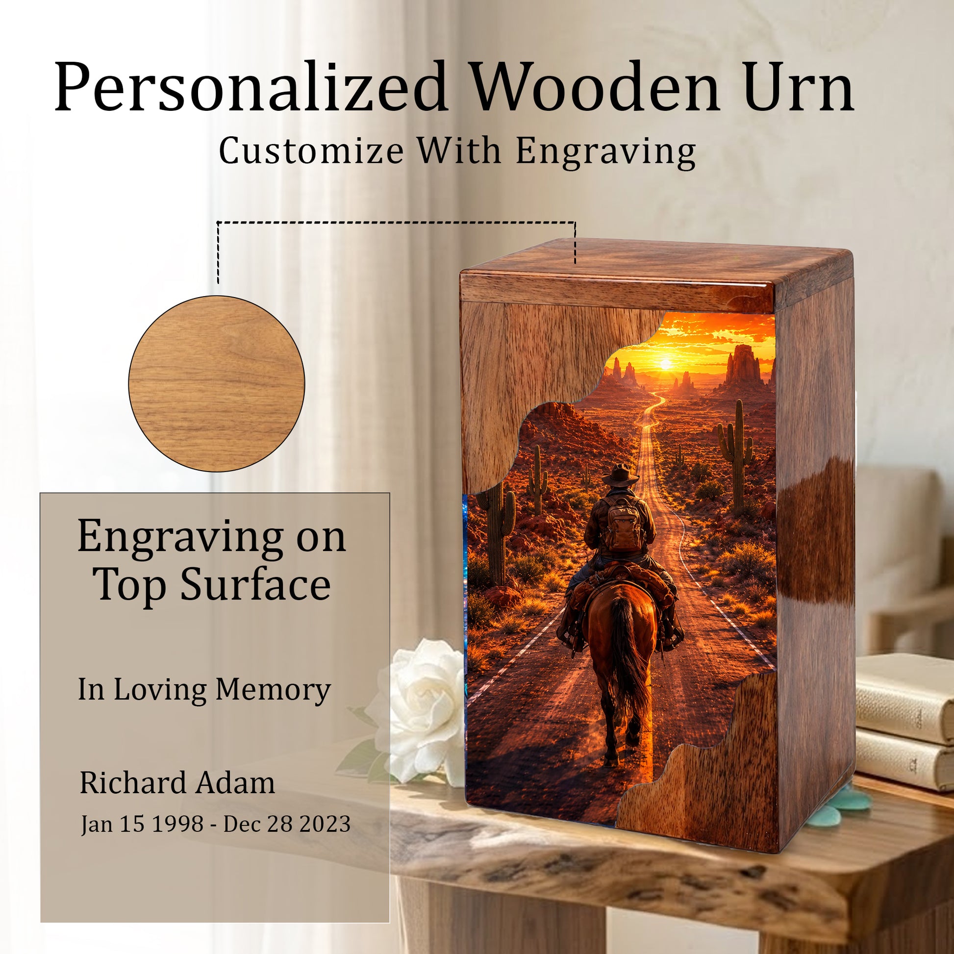 Cowboy Wooden Cremation Urn – Western Memorial Urn for Human Ashes
