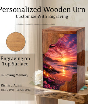 Beach Wooden Cremation Urn for Mom | Ocean Sunset Urn for Human Ashes