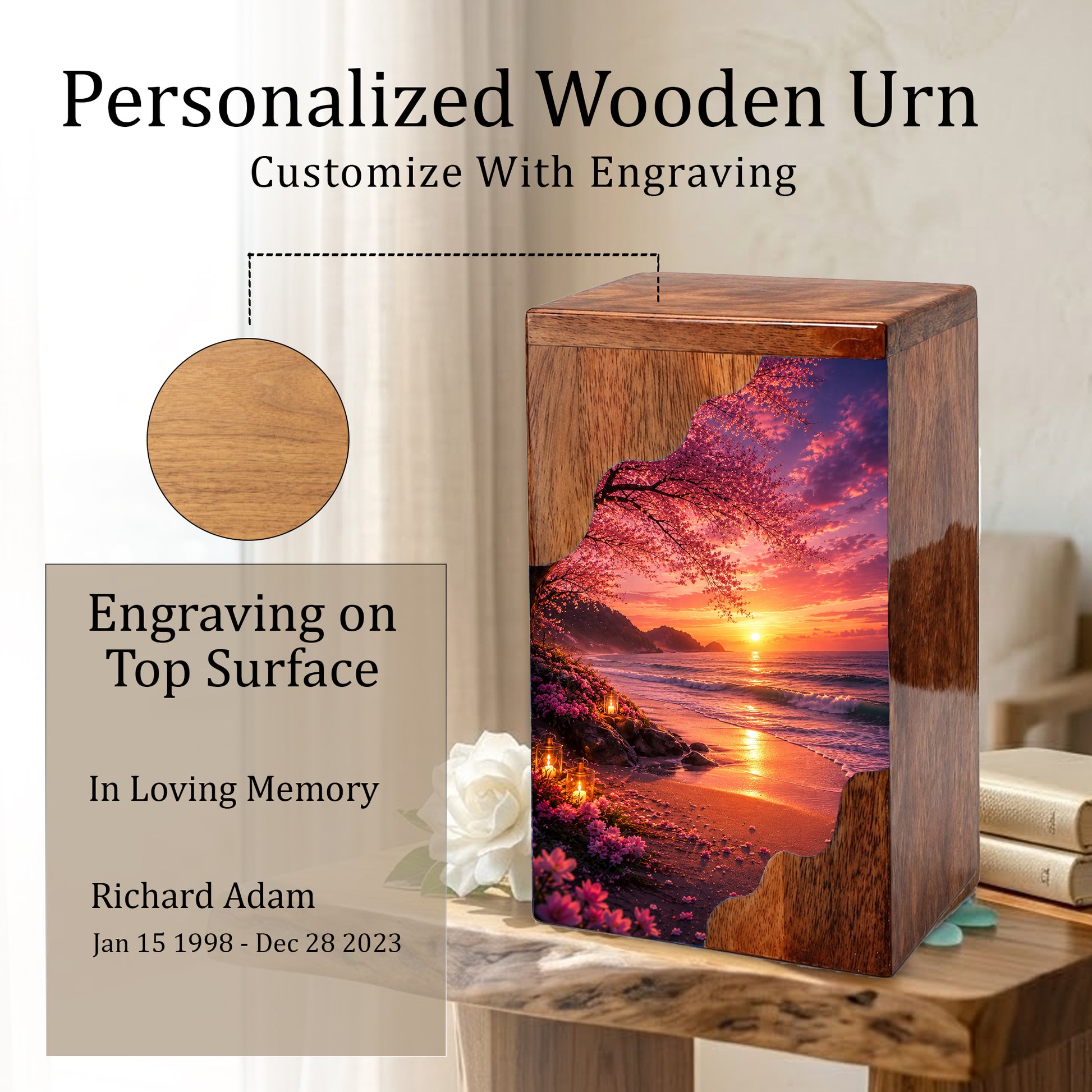 Beach Wooden Cremation Urn for Mom | Ocean Sunset Urn for Human Ashes