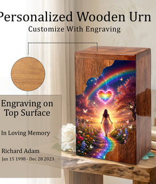 Rainbow Heart Wooden Cremation Urn – Celestial Rainbow Memorial Wooden Urn for Human Ashes