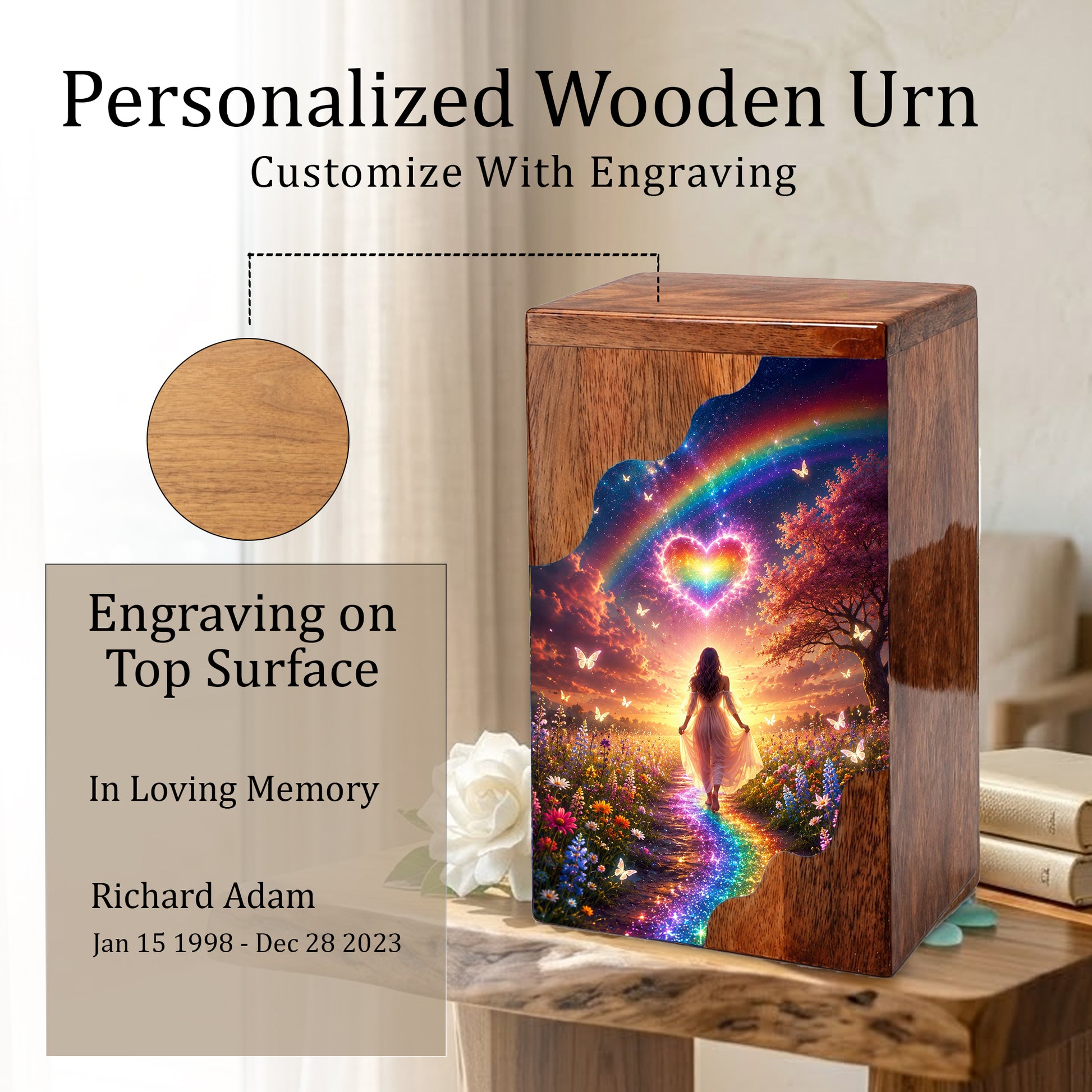 Rainbow Heart Wooden Cremation Urn – Celestial Rainbow Memorial Wooden Urn for Human Ashes