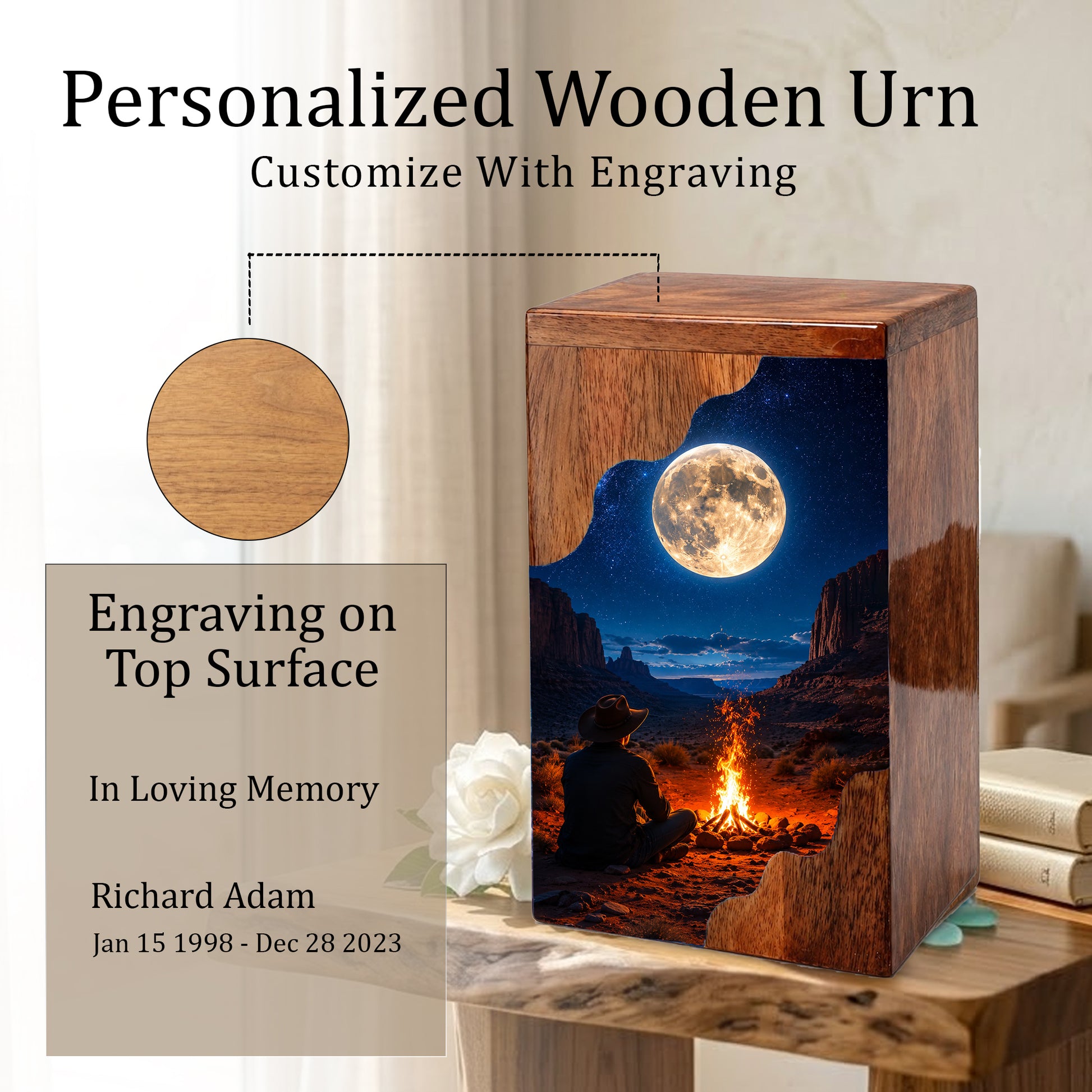 Cowboy Wooden Cremation Urn for Human Ashes – Personalized Western Memorial Urn