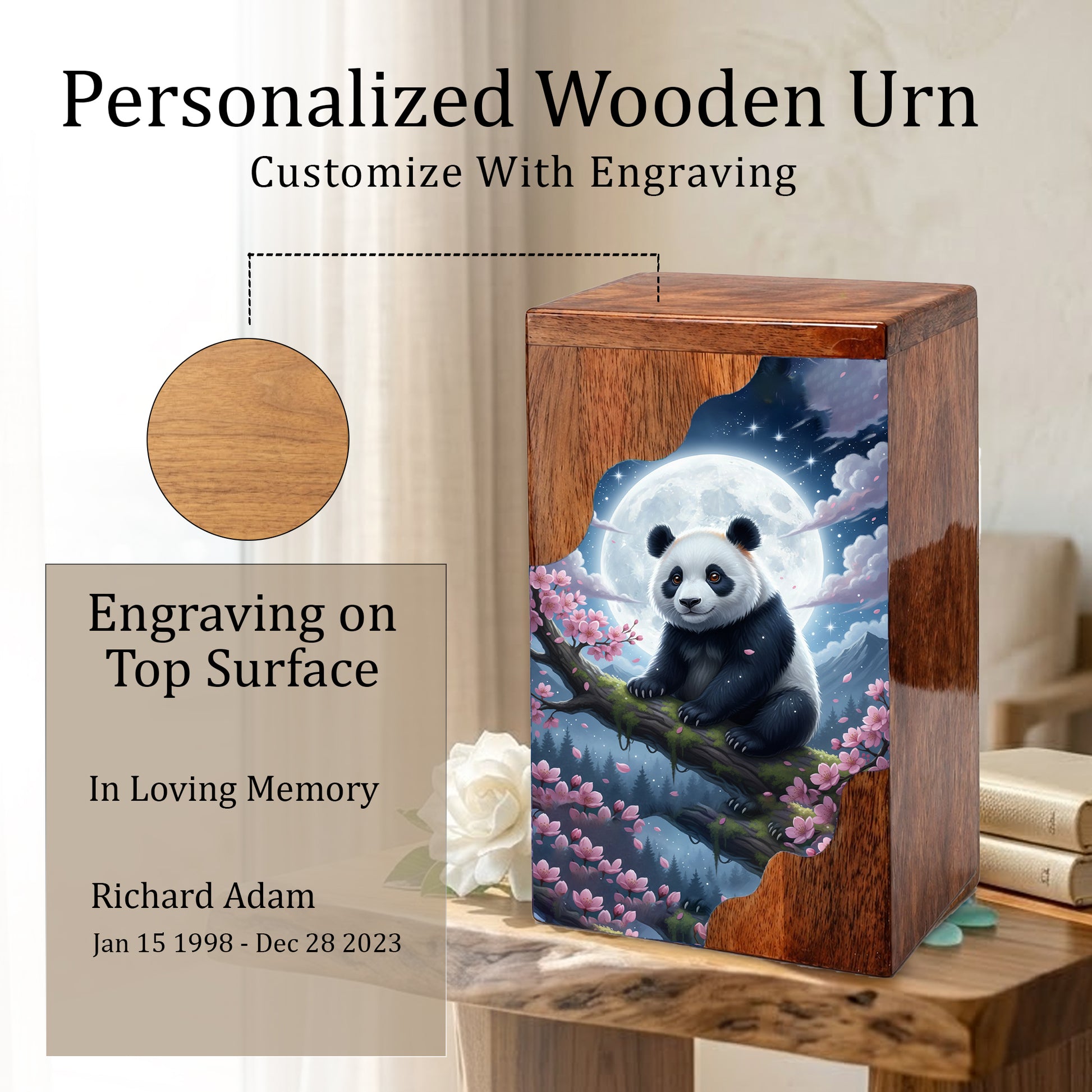 Wooden Cremation Urn – Moonlit Panda Memorial Urn | Custom Memorial Urn for Mom, Dad & Loved Ones