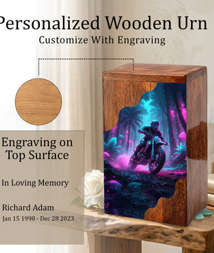 Personalized Wooden Cremation Urn – Adventure Motorcycle Memorial Urn