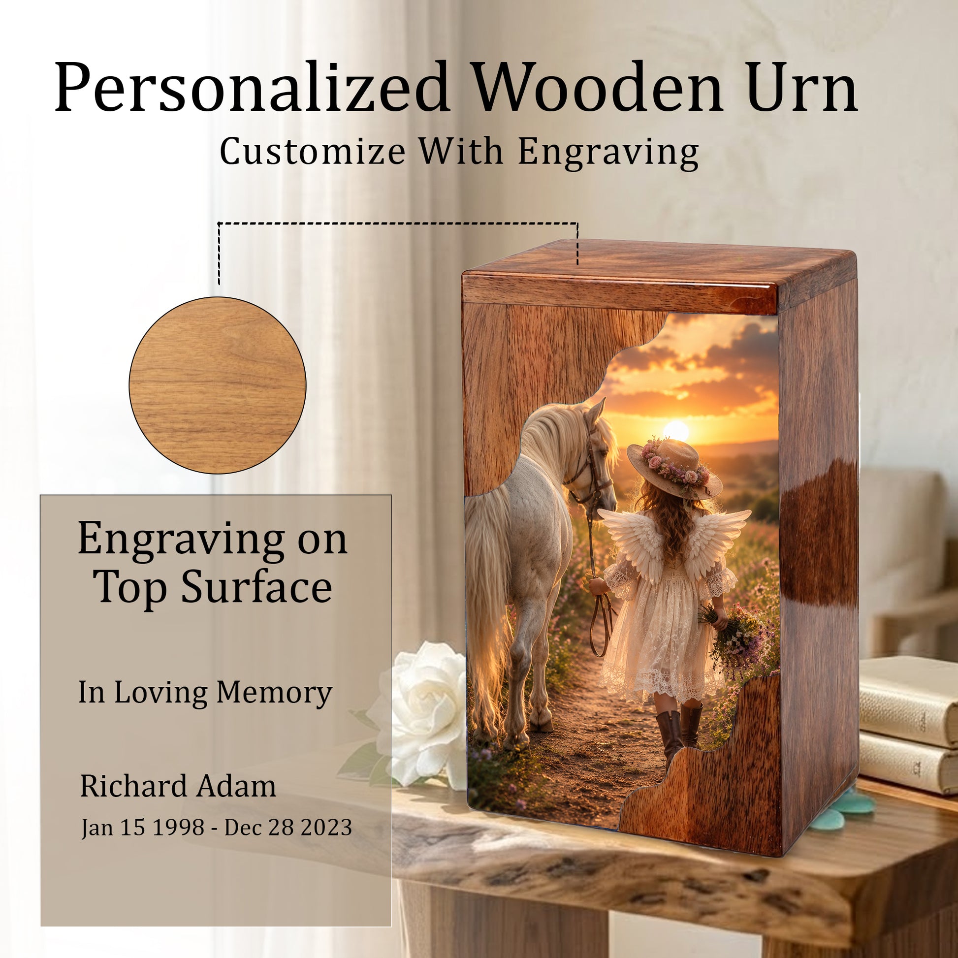 Angel Horse Wooden Cremation Urn – Memorial Urn for Human Ashes