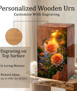 Rose Wooden Cremation Urn – Sunset Floral Memorial Urn for Human Ashes