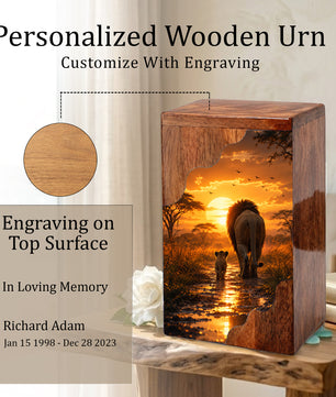 Lion Wooden Cremation Urn – Sunset Memorial Urn for Human Ashes | Strength, Love & Eternal Connection Wooden Urn