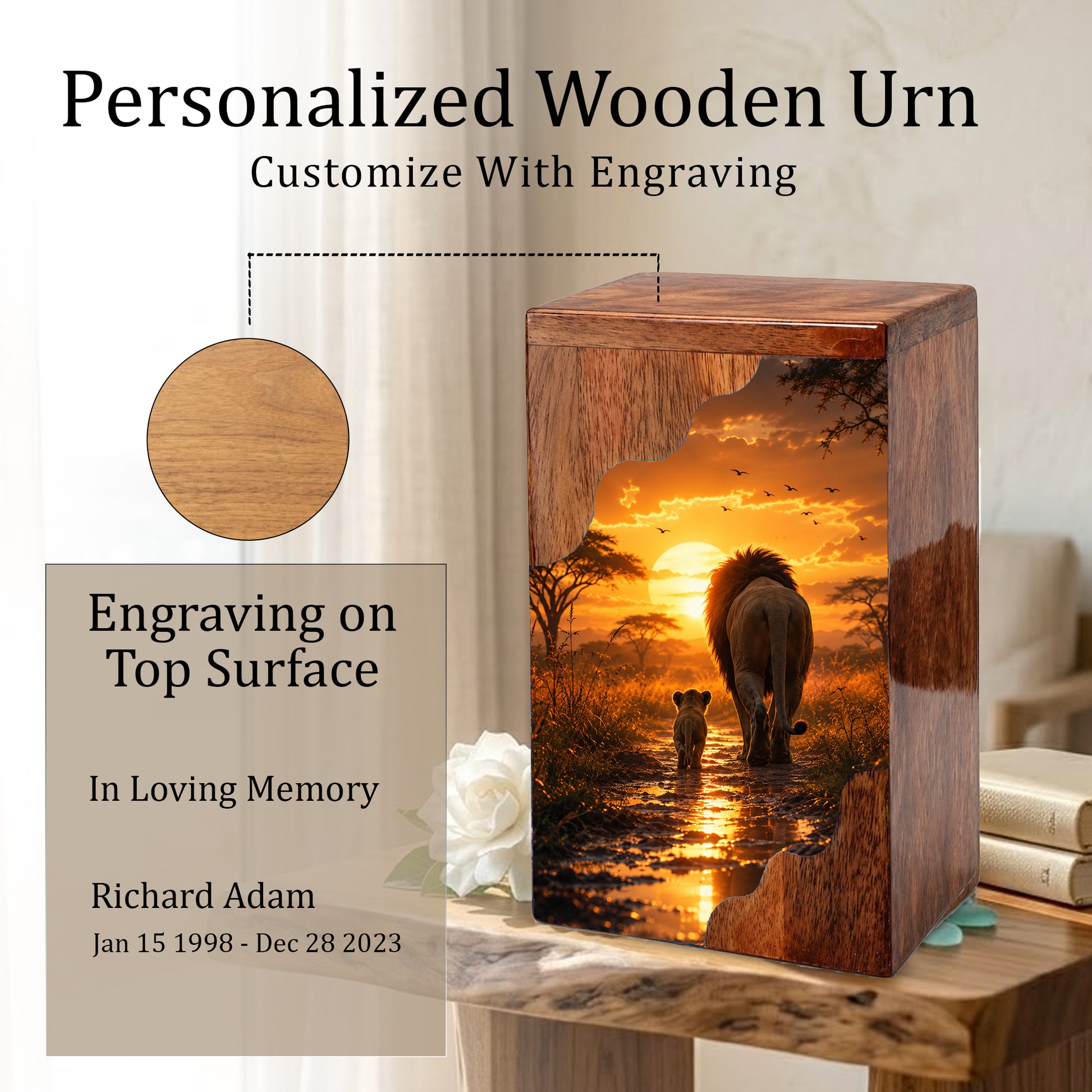 Lion Wooden Cremation Urn – Sunset Memorial Urn for Human Ashes | Strength, Love & Eternal Connection Wooden Urn