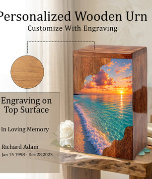 Sunset Beach Wooden Cremation Urn – Personalized Memorial Urn for Human Ashes |