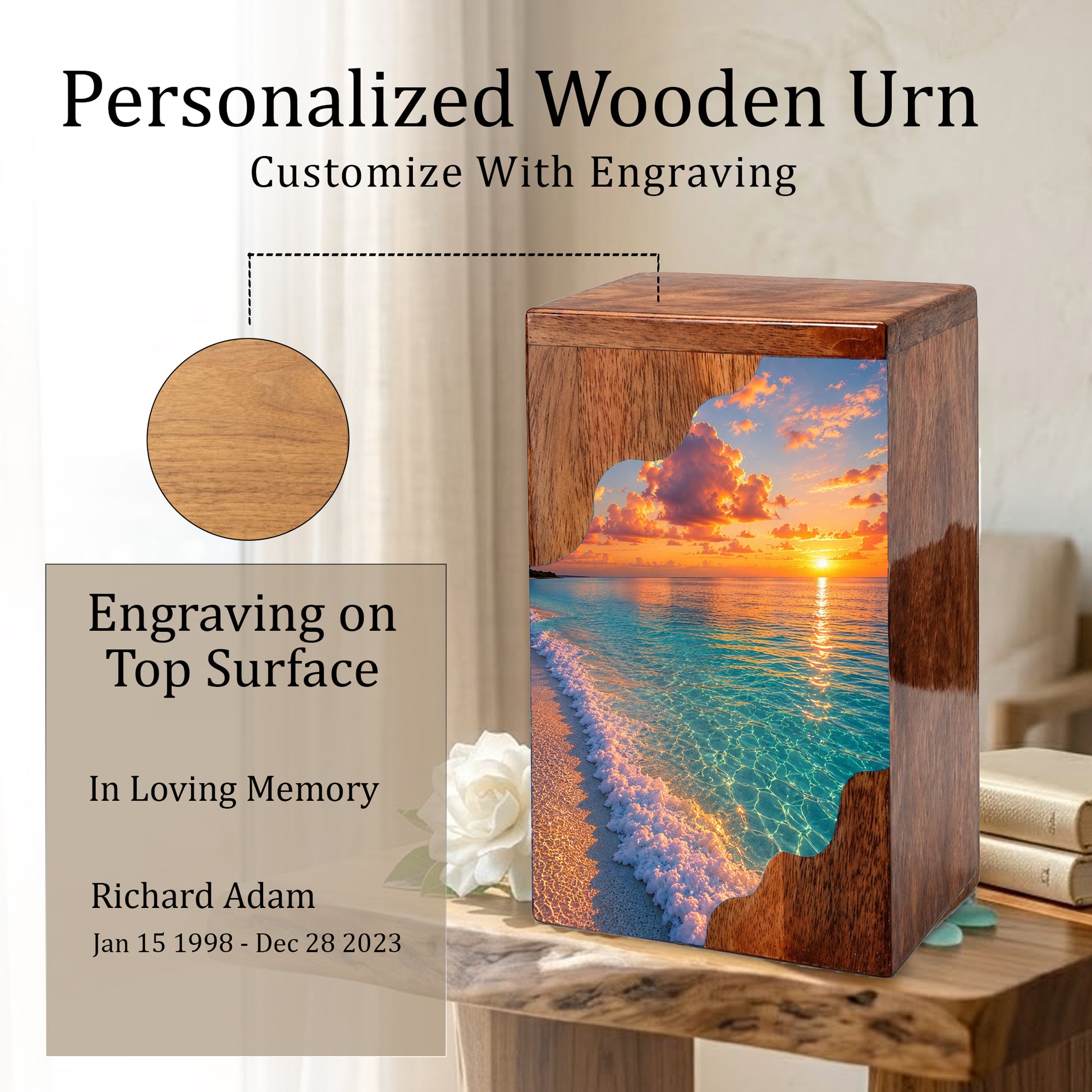 Sunset Beach Wooden Cremation Urn – Personalized Memorial Urn for Human Ashes |