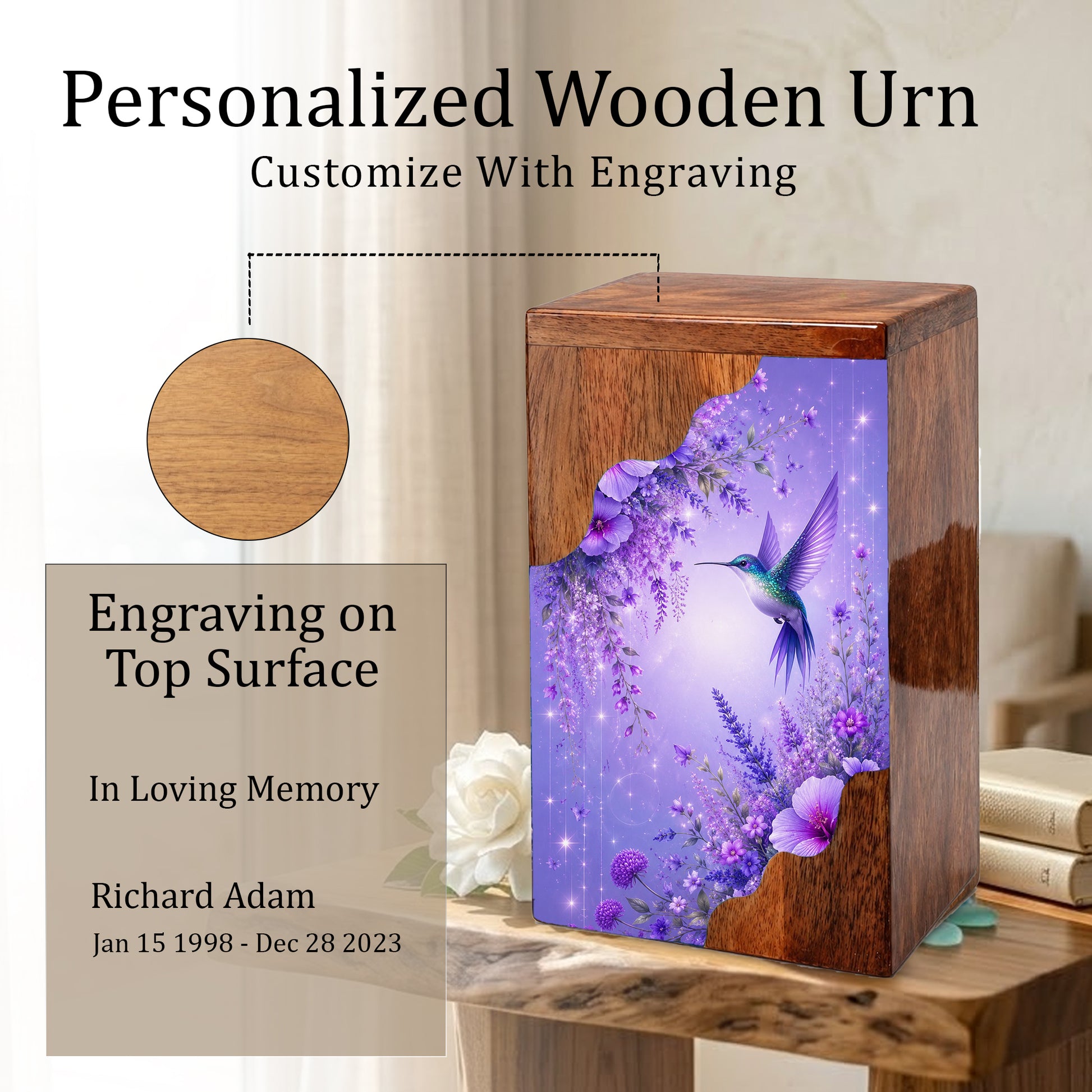Hummingbird Cremation Urn for Mom | Wooden Urn for Human Ashes