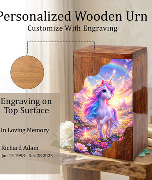 Unicorn Rainbow Wooden Cremation Urn – Wooden Urn for Human Ashes