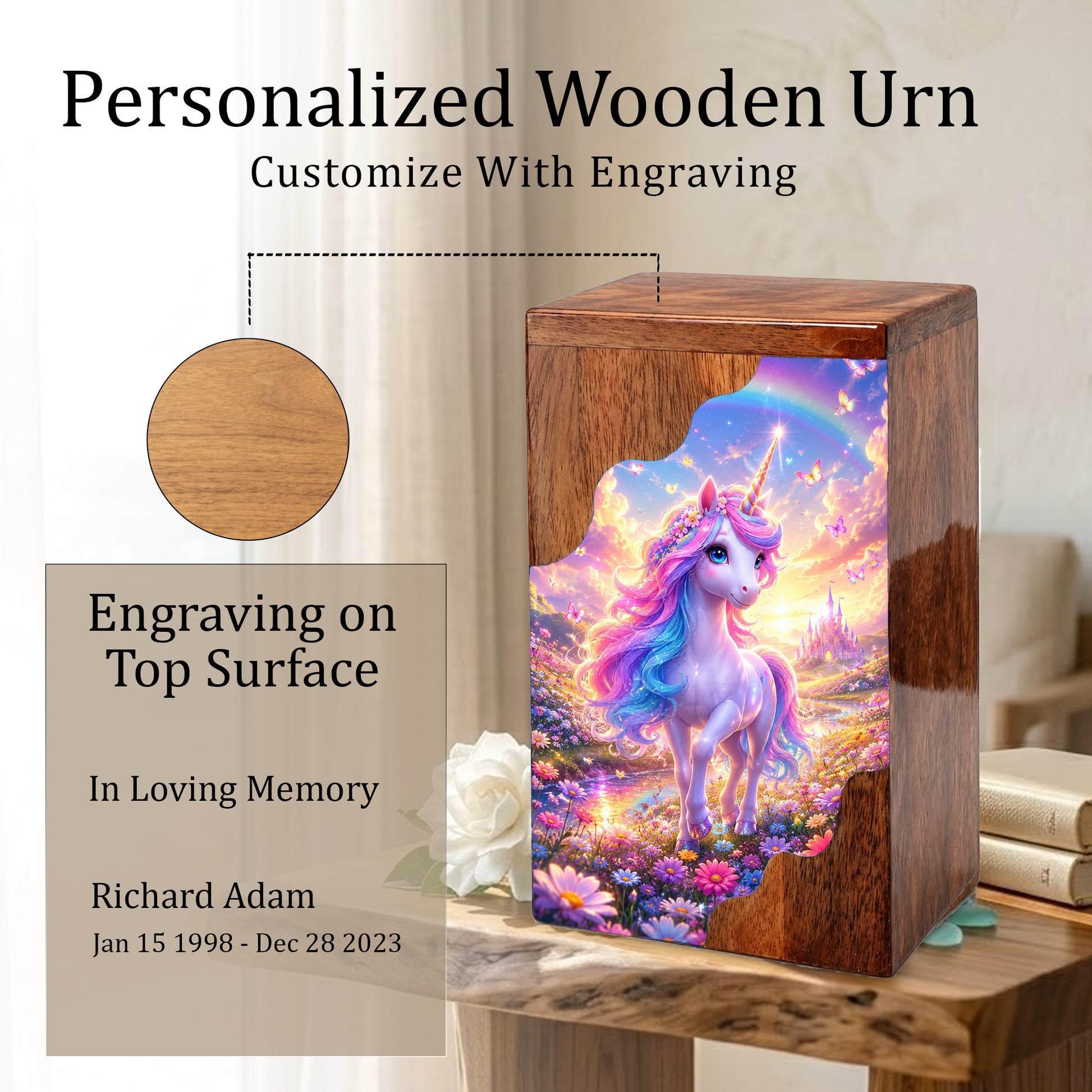 Unicorn Rainbow Wooden Cremation Urn – Wooden Urn for Human Ashes