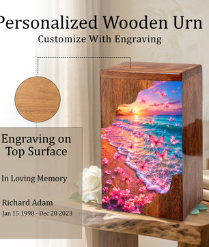 Pink Butterfly Beach Wooden Cremation Urn – Sunset Ocean Memorial Urn for Mom