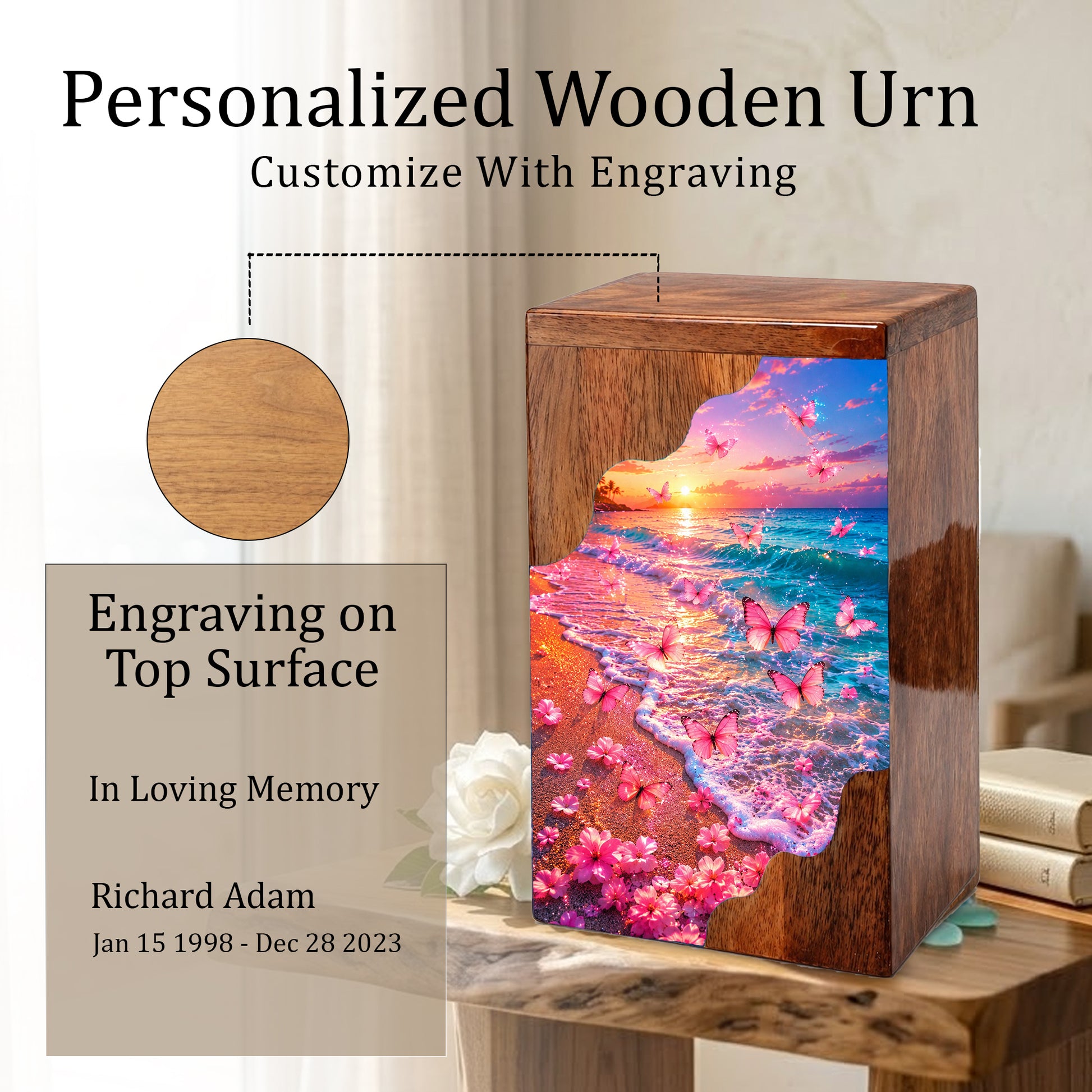Pink Butterfly Beach Wooden Cremation Urn – Sunset Ocean Memorial Urn for Mom