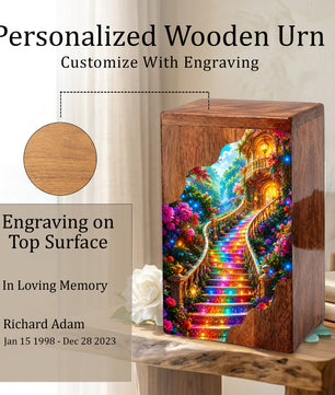 Enchanted Garden Stairway Wooden Cremation Urn – Personalized Memorial Urn for Human Ashes