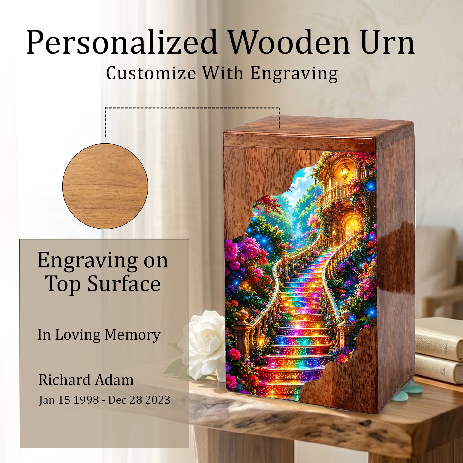Enchanted Garden Stairway Wooden Cremation Urn – Personalized Memorial Urn for Human Ashes