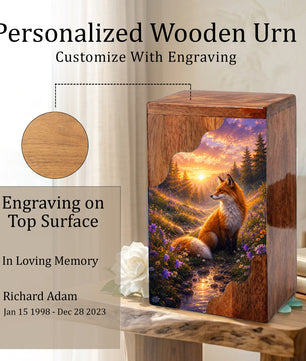 Wooden Cremation Urn for Human Ashes, Fox Memorial Urn
