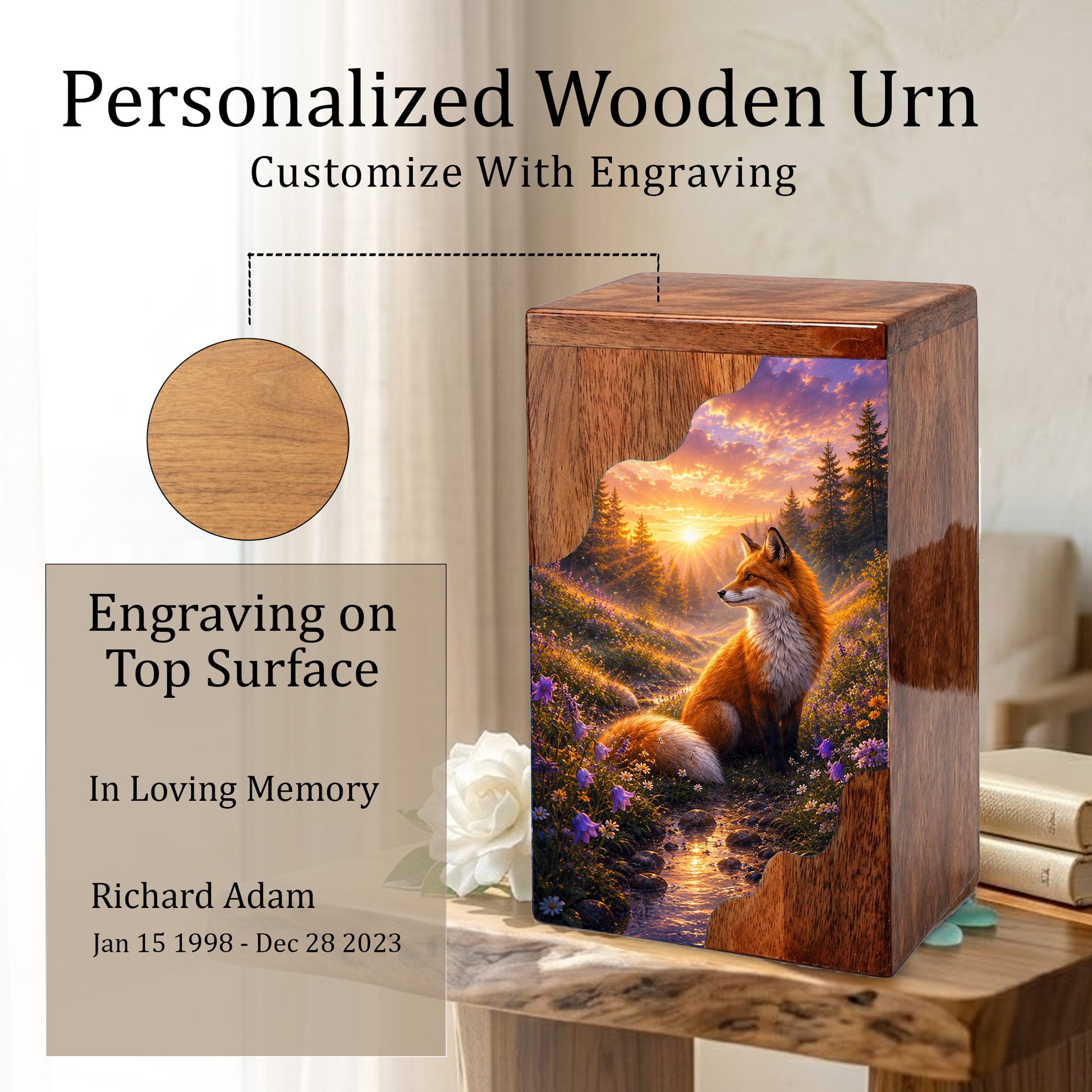 Wooden Cremation Urn for Human Ashes, Fox Memorial Urn