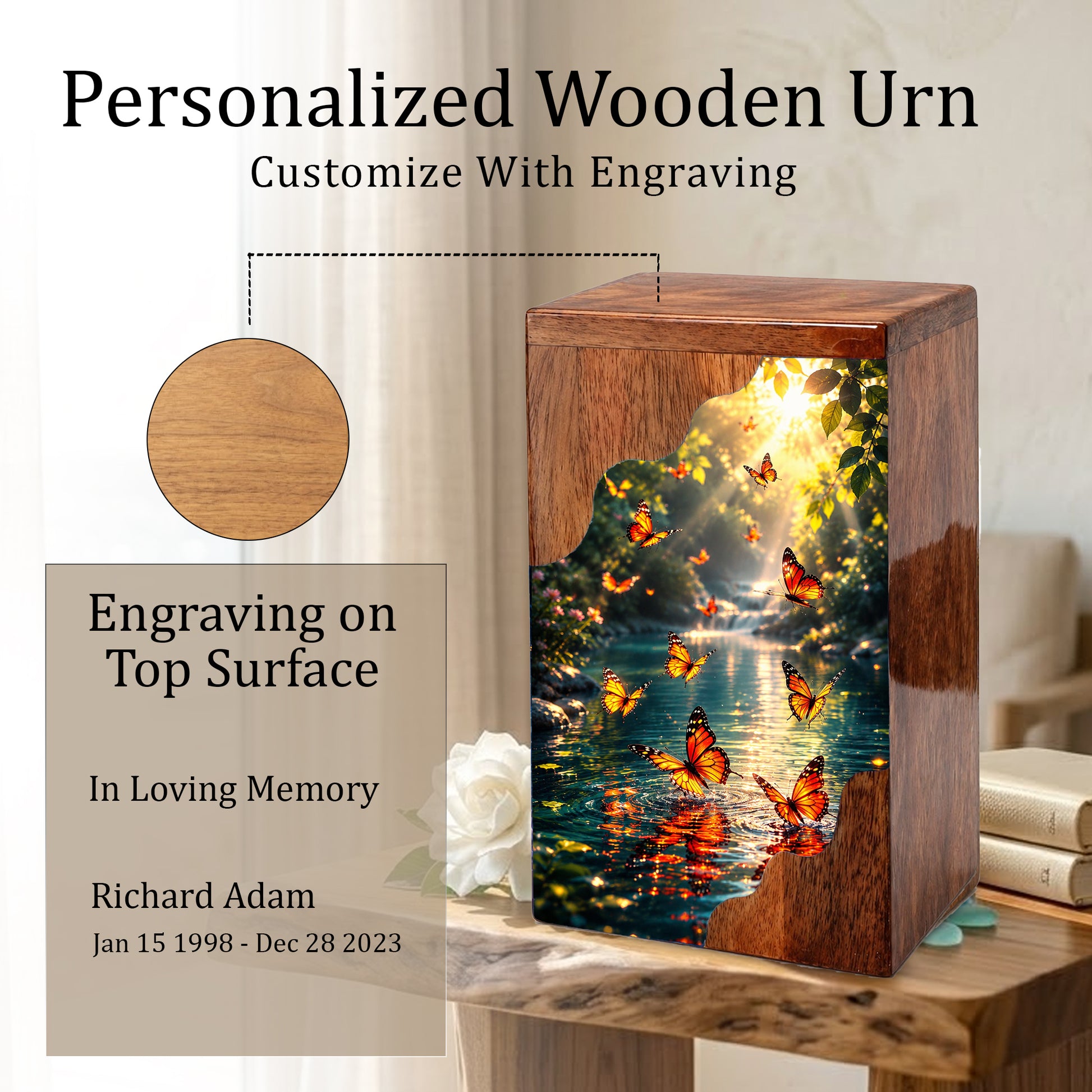 Butterfly Wooden Cremation Urn for Mom – Custom Memorial Urn for Human Ashes |