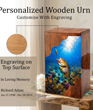 Fishing Wooden Cremation Urn – Fishing in Heaven Memorial Urn for Human Ashes