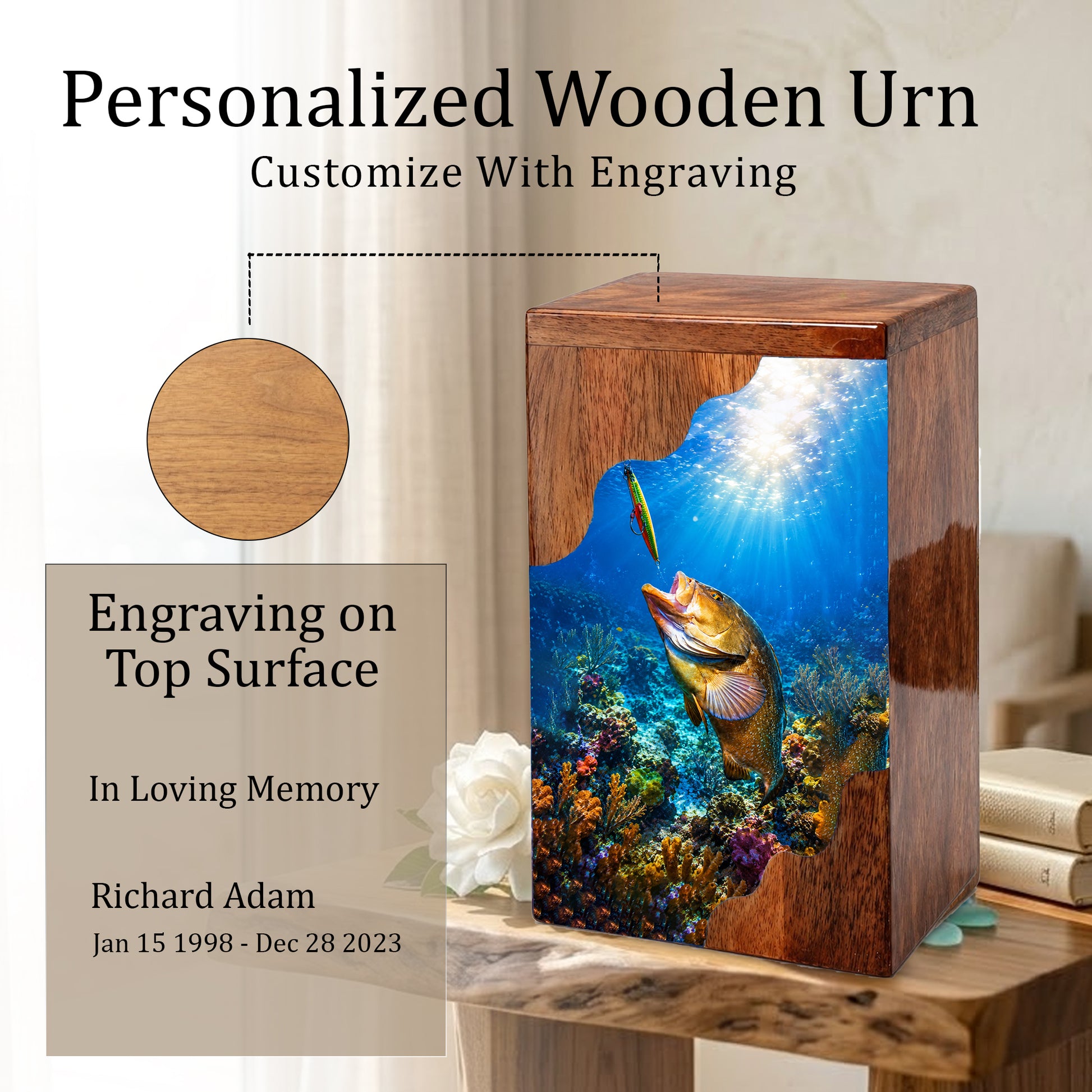 Fishing Wooden Cremation Urn – Fishing in Heaven Memorial Urn for Human Ashes