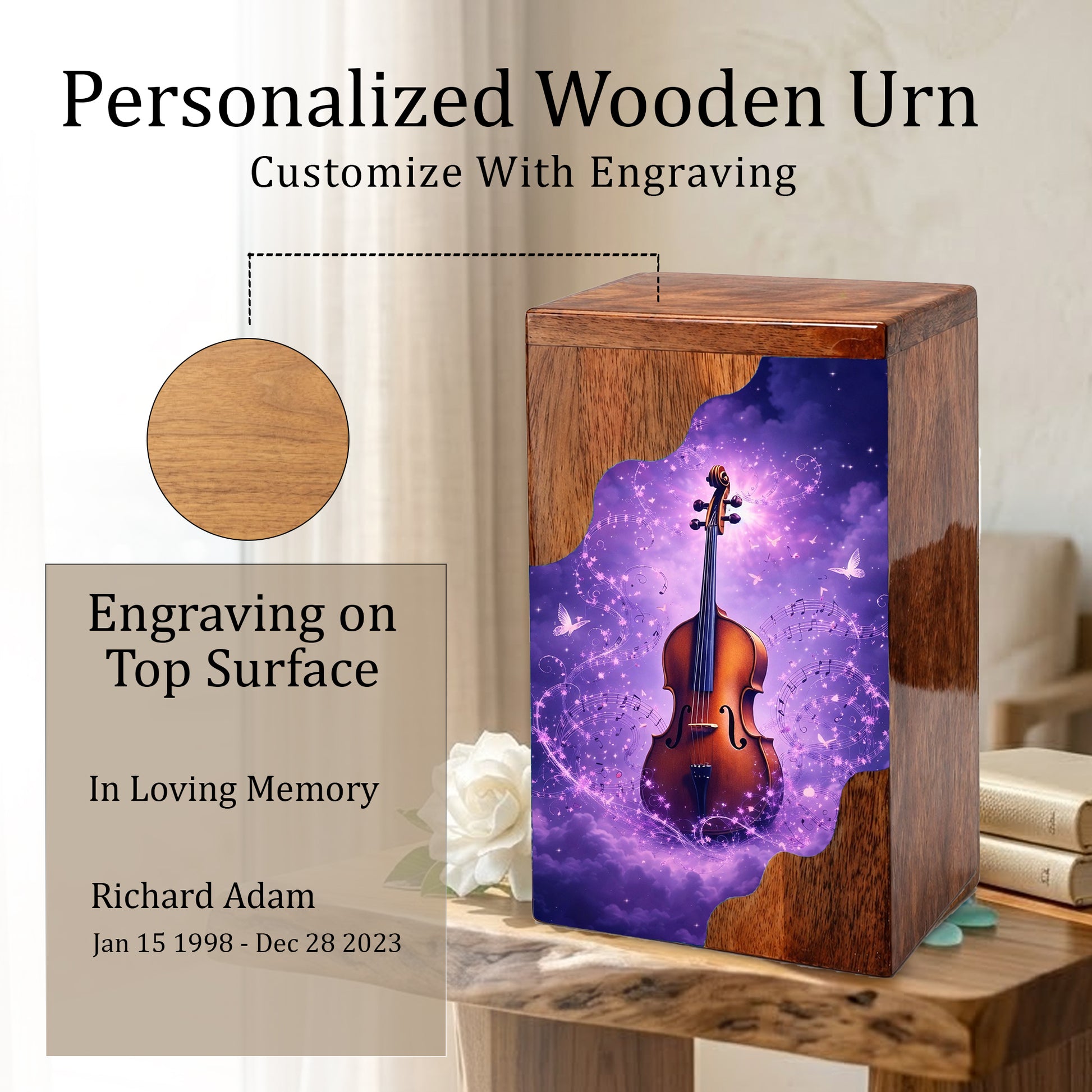 Violin Wooden Cremation Urn – Custom Music Memorial Urn | Wooden Urn for Human Ashes