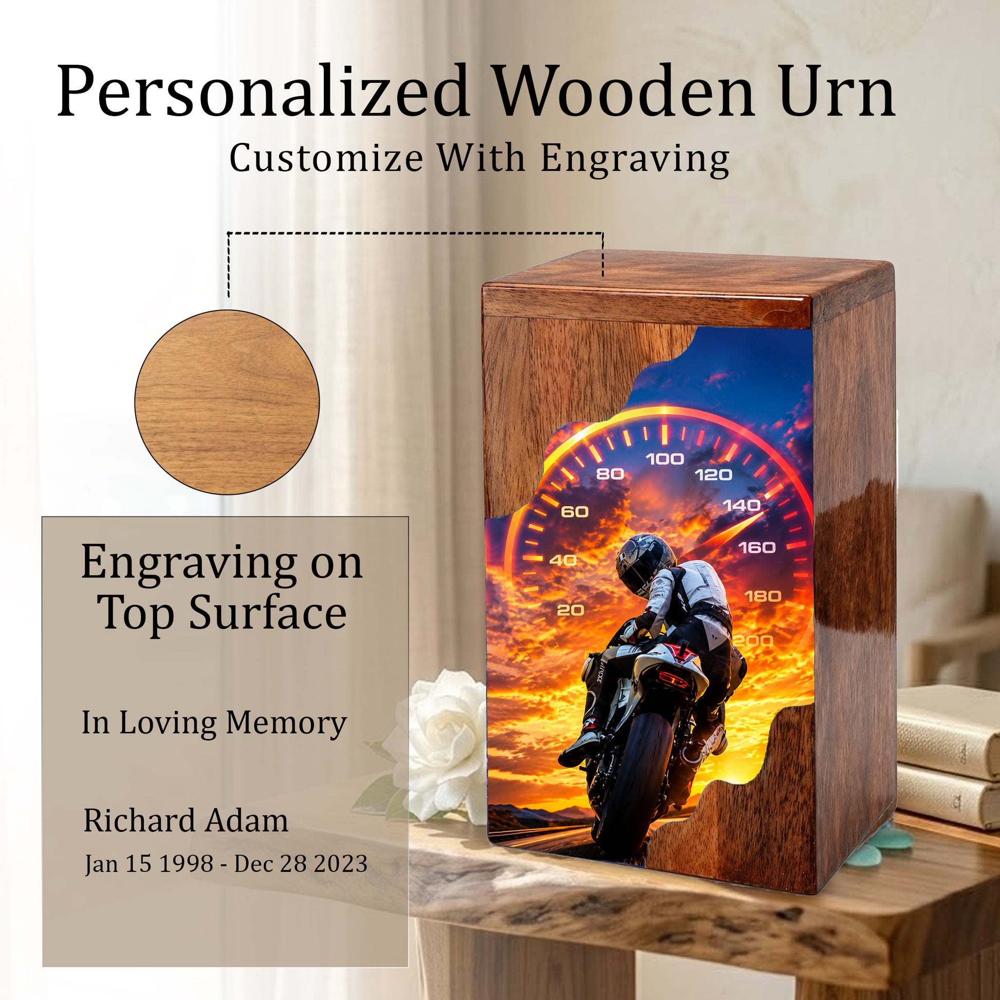 Motorcycle Wooden Cremation Urn – Rider Memorial Urn for Human Ashes