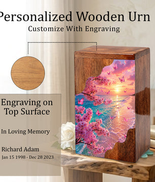 Cherry Blossom Beach Wooden Cremation Urn – Butterfly Memorial Urn for Human Ashes