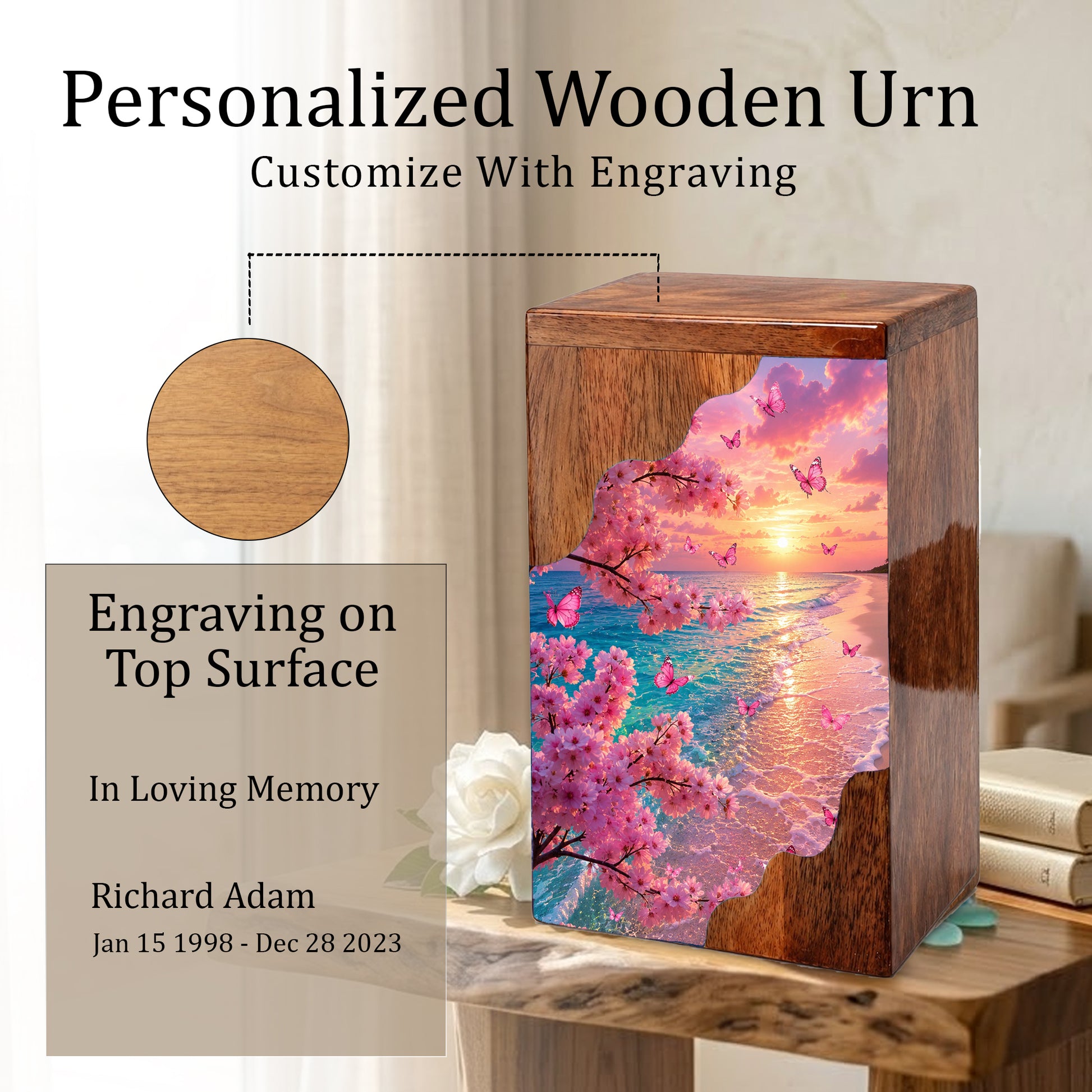 Cherry Blossom Beach Wooden Cremation Urn – Butterfly Memorial Urn for Human Ashes
