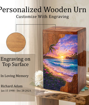 Beach Wooden Cremation Urn – Ocean Sunset Memorial Urn with Tropical Coastal Design