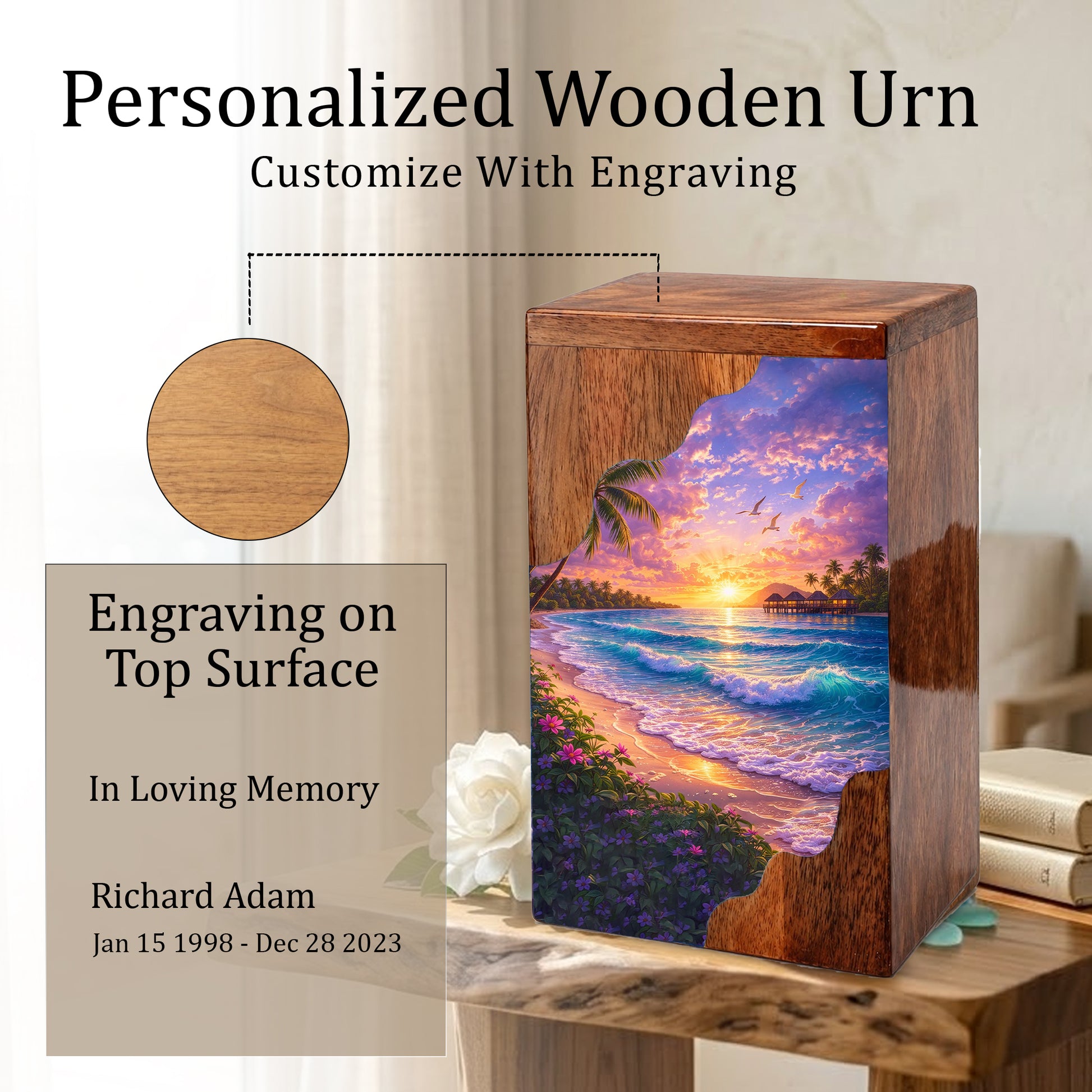 Beach Wooden Cremation Urn – Ocean Sunset Memorial Urn with Tropical Coastal Design