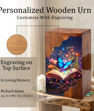 Wooden Cremation Urn – Butterfly Memorial Urn | Book of Memories Wooden Urn for Human Ashes