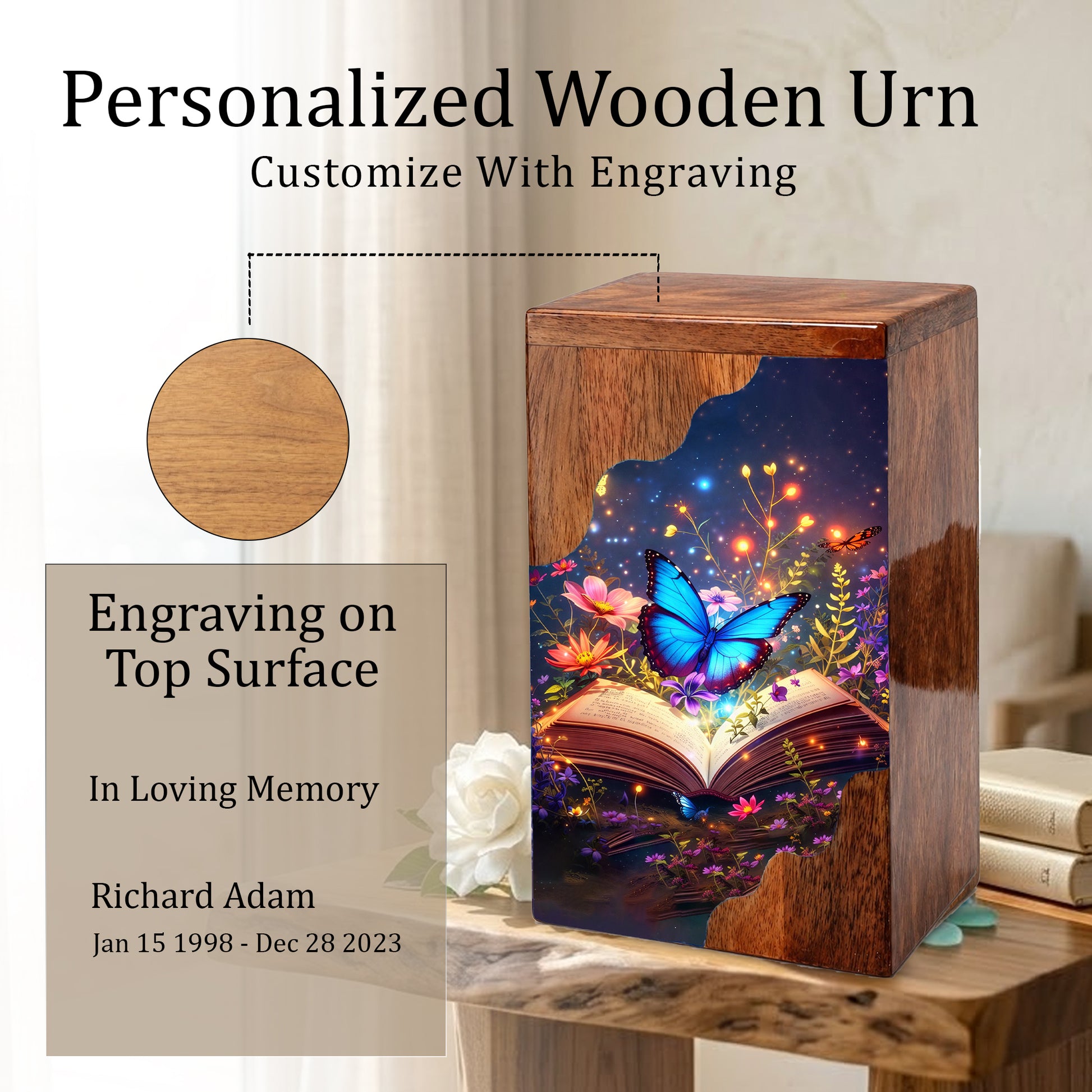 Wooden Cremation Urn – Butterfly Memorial Urn | Book of Memories Wooden Urn for Human Ashes