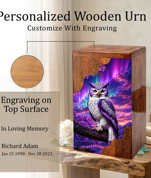 Purple Owl Wooden Cremation Urn – Aurora Memorial Urn