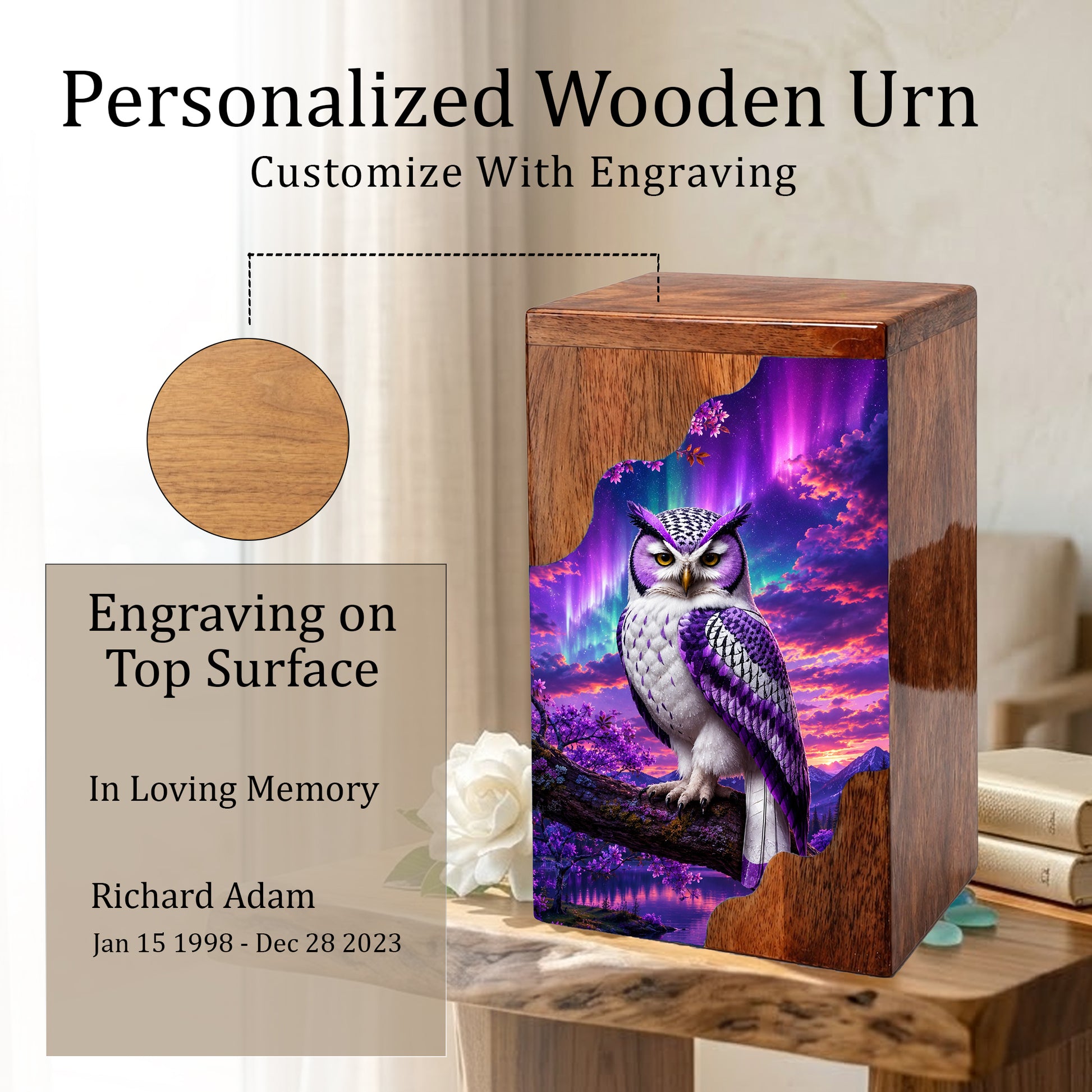 Purple Owl Wooden Cremation Urn – Aurora Memorial Urn