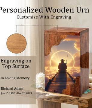 Fishing in Heaven Personalized Wooden Cremation Urn for Dad – Custom Memorial Urn with Sunset Fishing