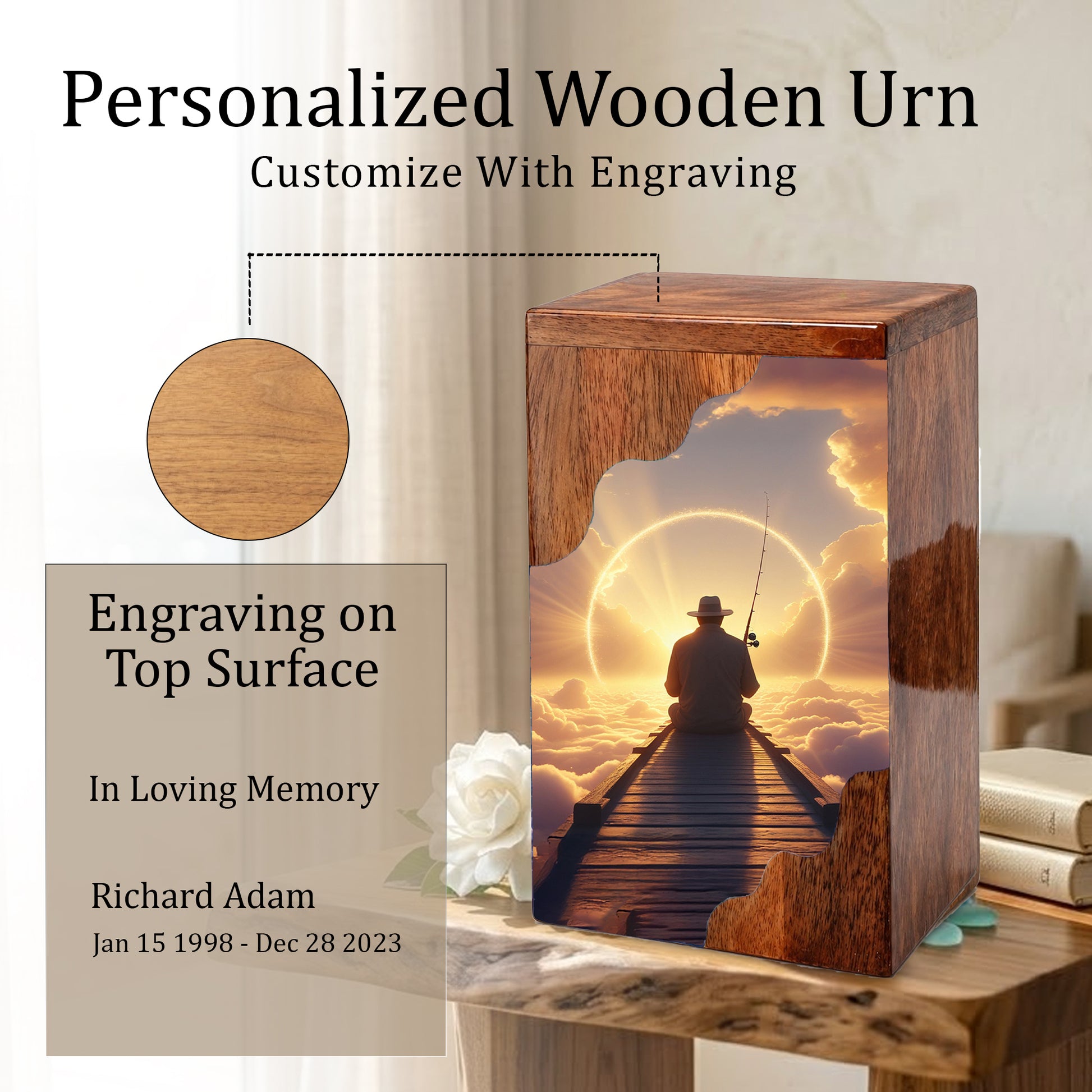 Fishing in Heaven Personalized Wooden Cremation Urn for Dad – Custom Memorial Urn with Sunset Fishing