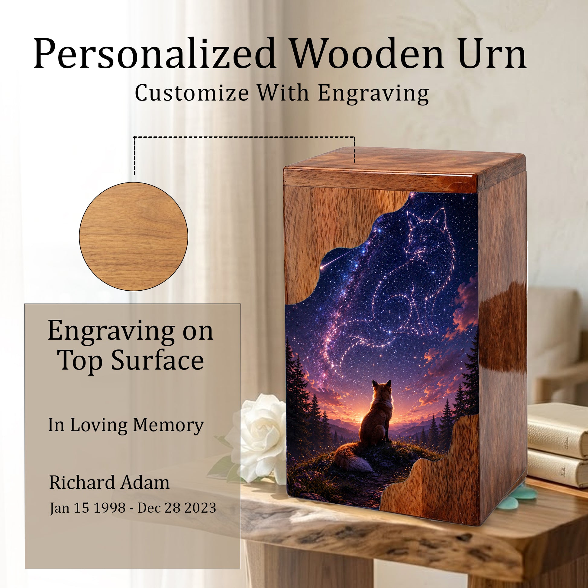 Fox Memorial Wooden Cremation Urn – Wooden Urn for Human Ashes