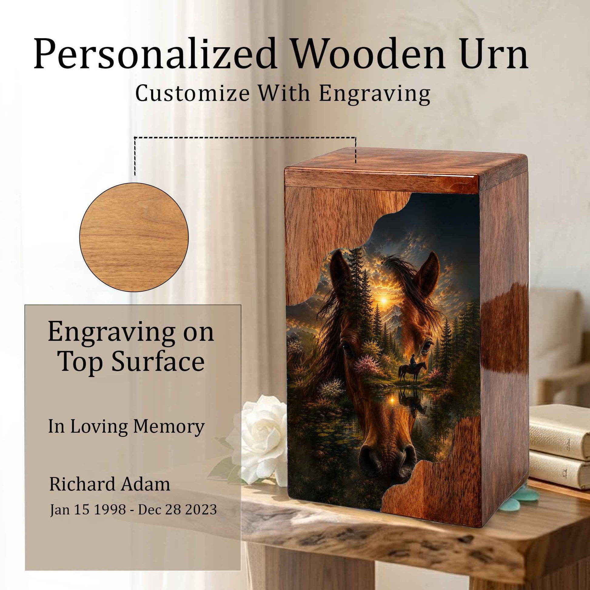 Horse Wooden Cremation Urn for Human Ashes | Personalized Horse Memorial Urn