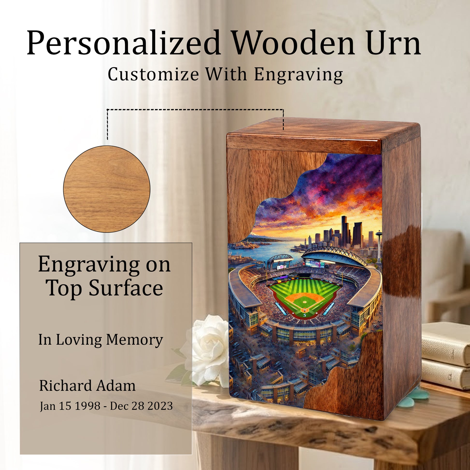Wooden Cremation Urn – Baseball Stadium Memorial Urn | Custom Wooden Urn for Dad