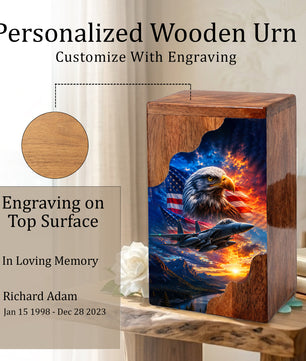 Military Eagle Wooden Cremation Urn for Human Ashes | Personalized Veteran Memorial Urn