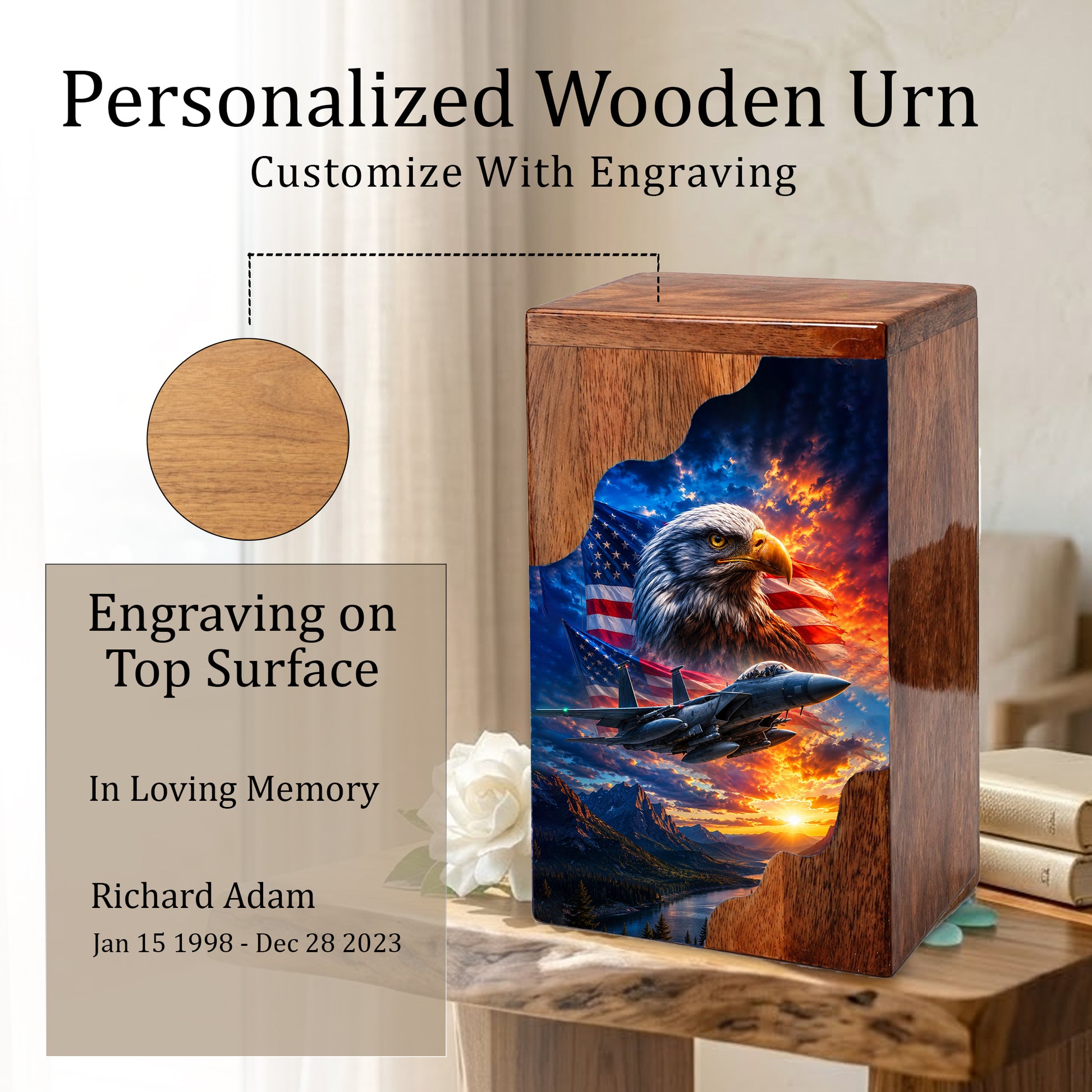 Military Eagle Wooden Cremation Urn for Human Ashes | Personalized Veteran Memorial Urn