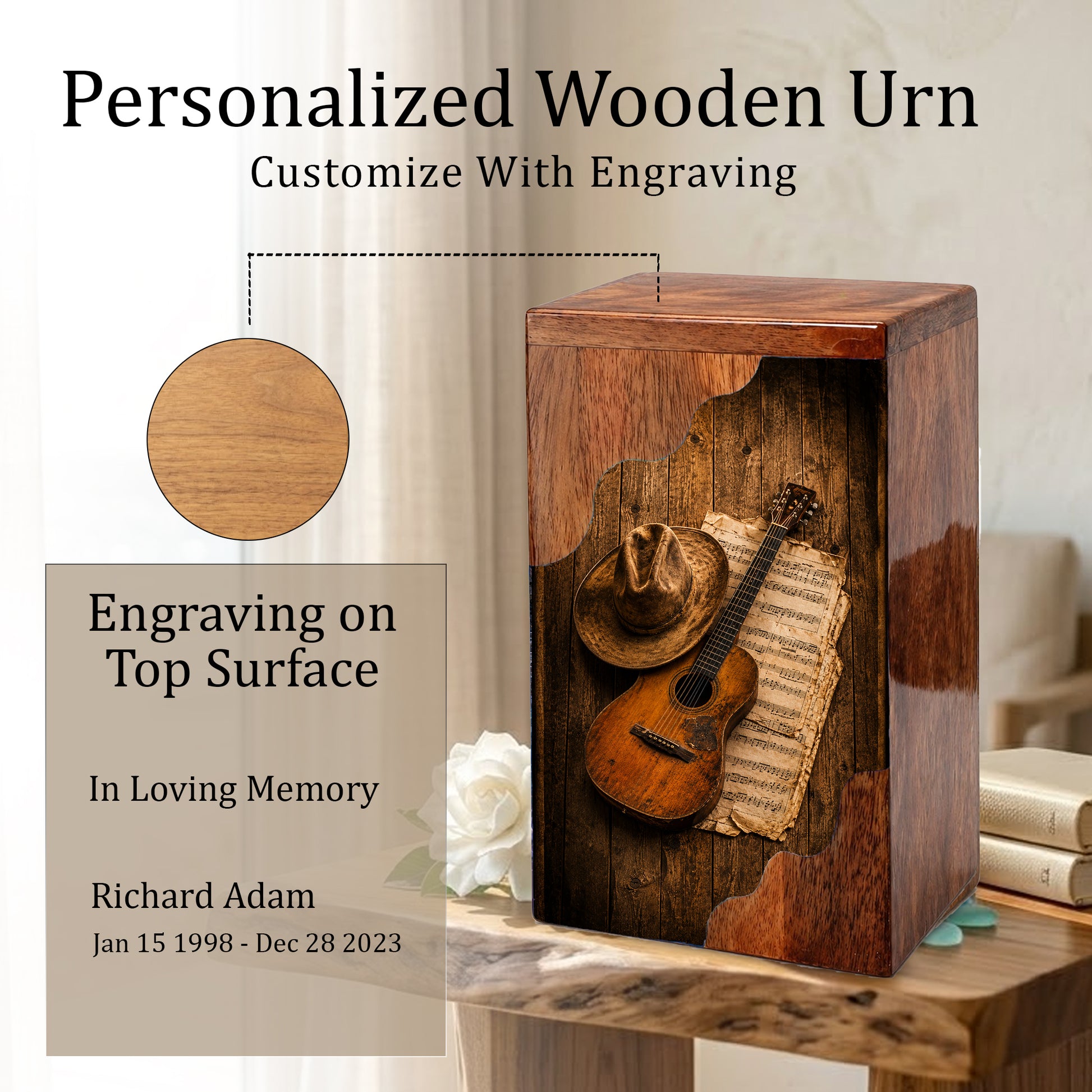 Personalized Wooden Cremation Urn for Dad, Guitar Memorial Urn