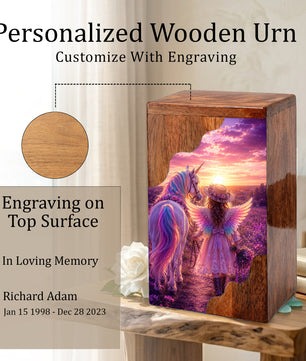 Angel Girl Wooden Cremation Urn – Fantasy Sunset Memorial Wooden Urn for Human Ashes