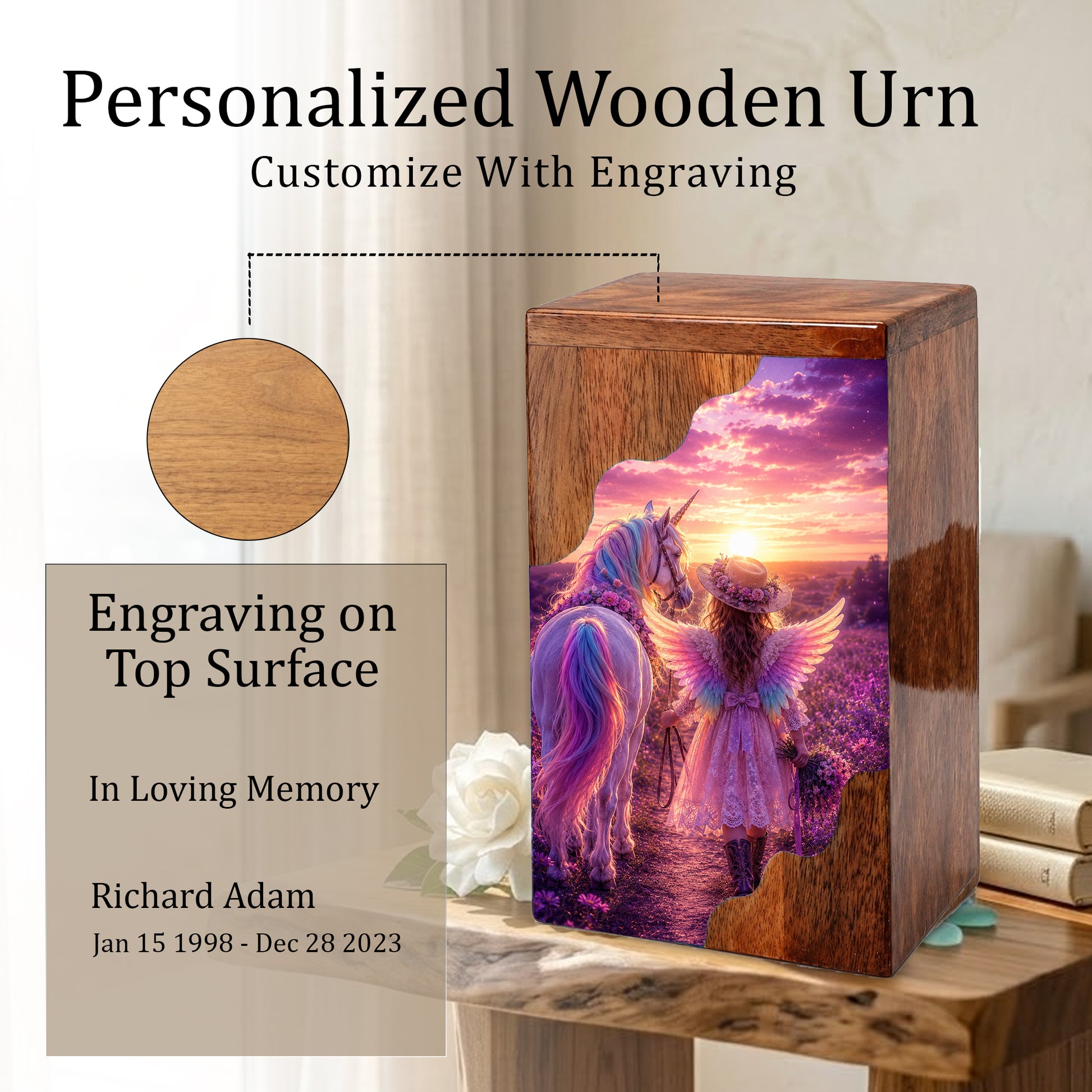 Angel Girl Wooden Cremation Urn – Fantasy Sunset Memorial Wooden Urn for Human Ashes