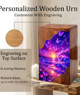 Butterfly Ocean Wooden Cremation Urn – Beach Theme Wooden Urn for Human Ashes