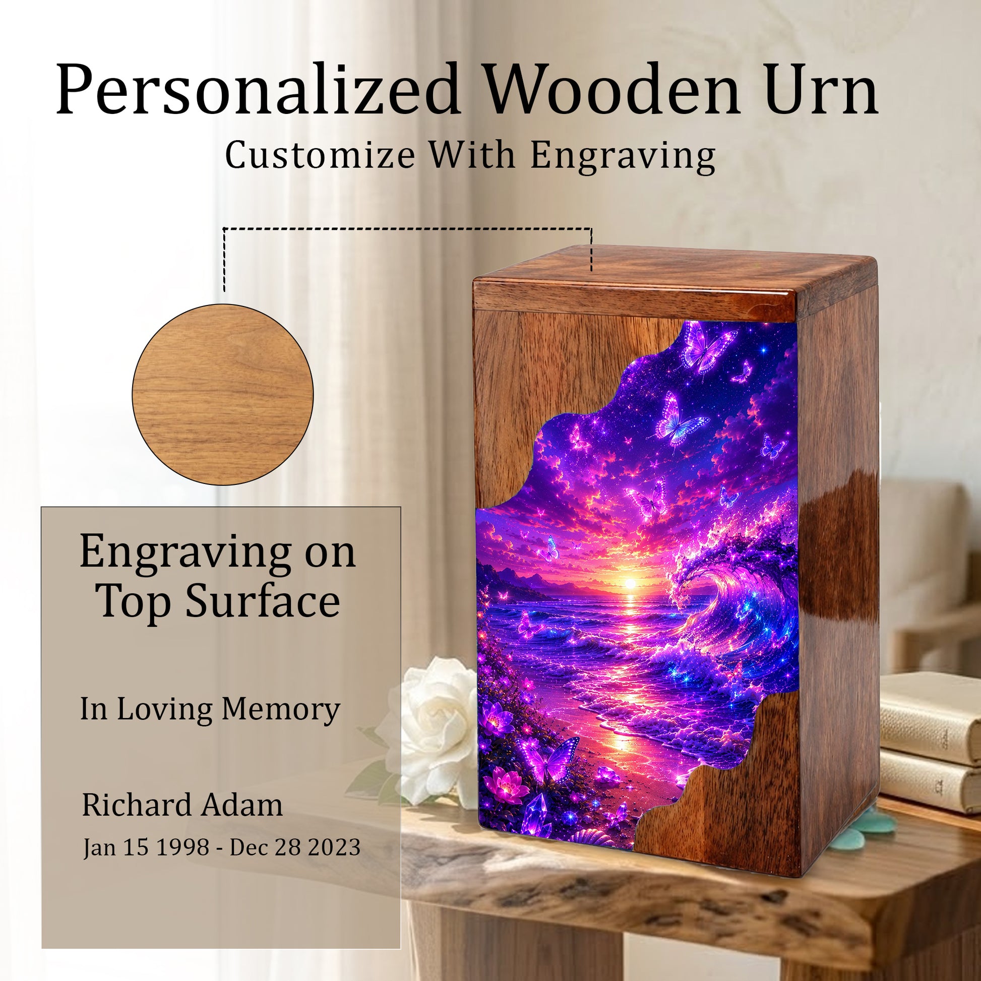 Butterfly Ocean Wooden Cremation Urn – Beach Theme Wooden Urn for Human Ashes